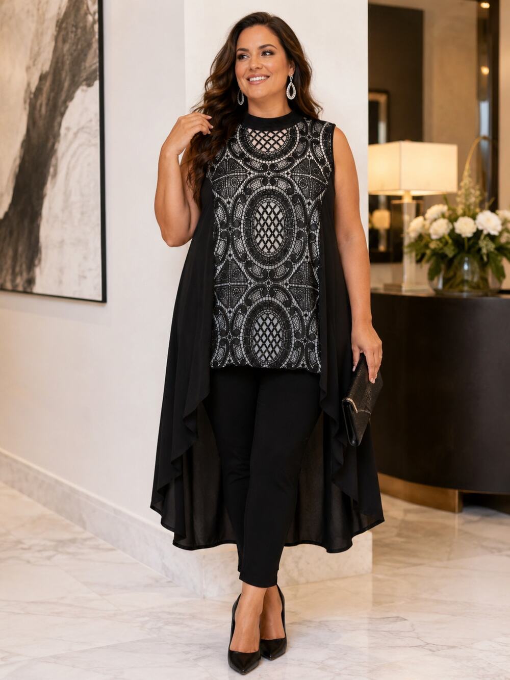 Ashley Stewart Lace High Low Tunic Top 22/24 Black Sleeveless Evening Plus Size